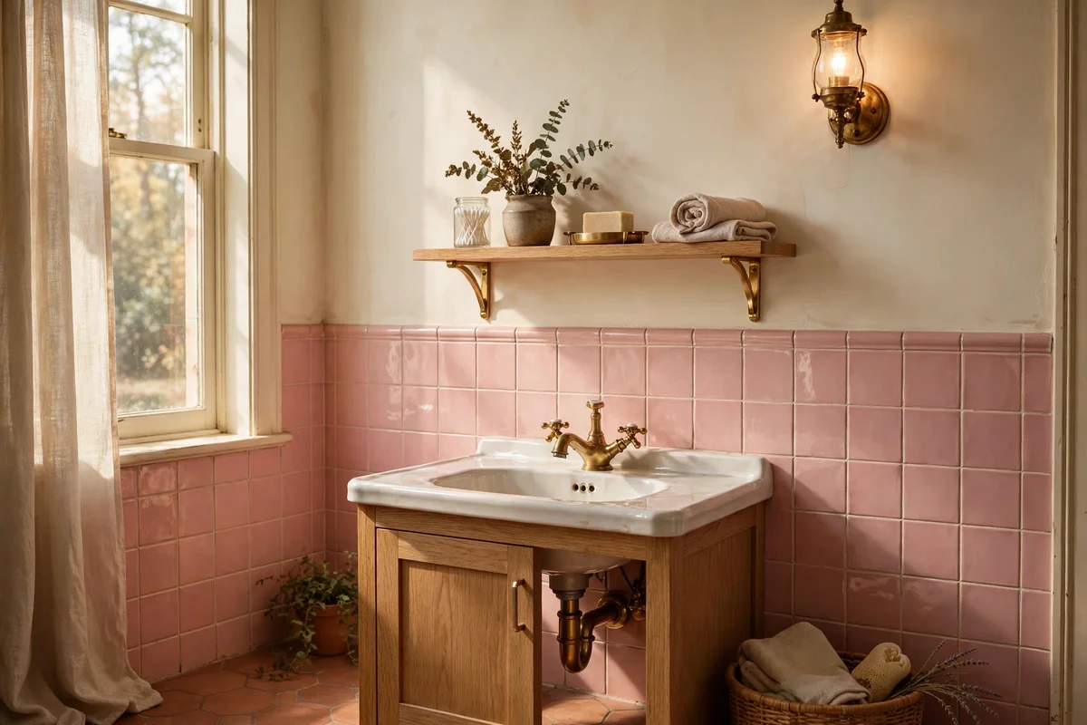 Pink tiled bathroom with cream upper walls and oak accents