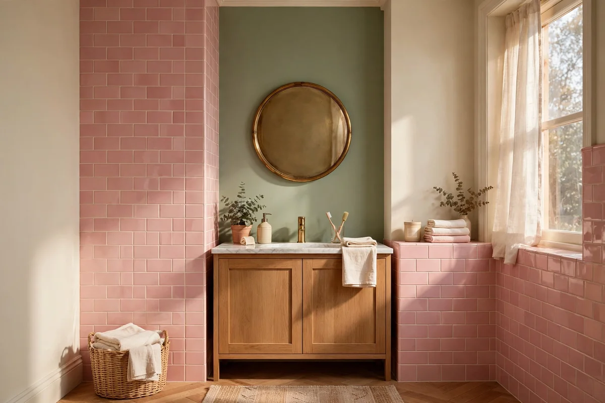 Pink tiled bathroom with a sage green feature wall and brass mirror