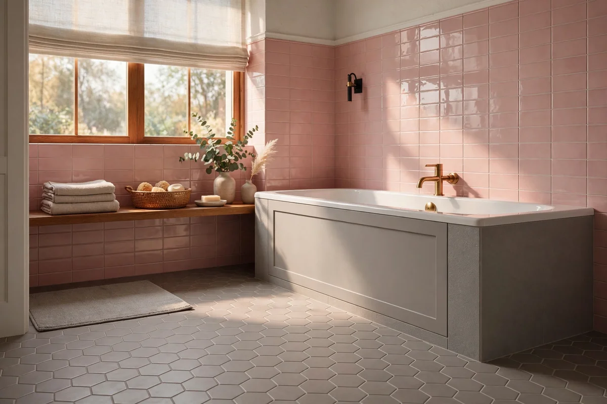 Pink tiled bathroom with a soft grey hexagon tile floor