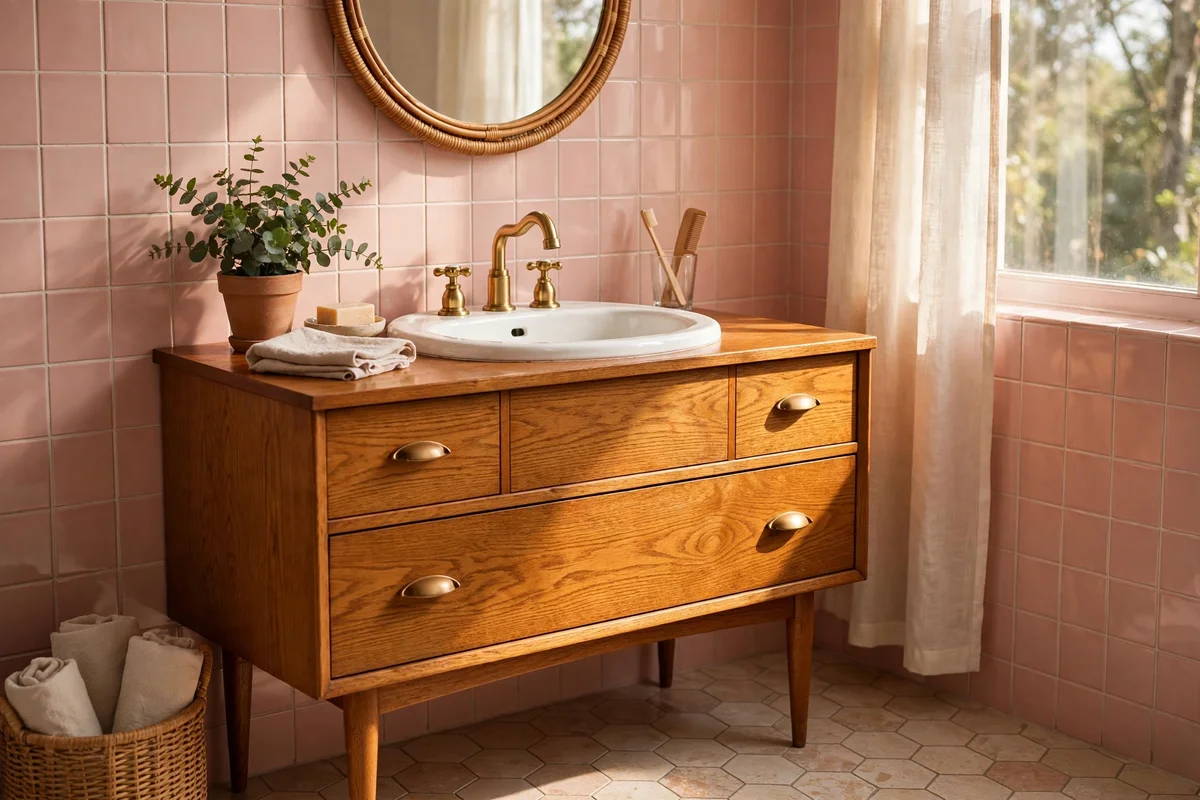 Honey oak mid-century vanity with white basin in a pink tiled bathroom