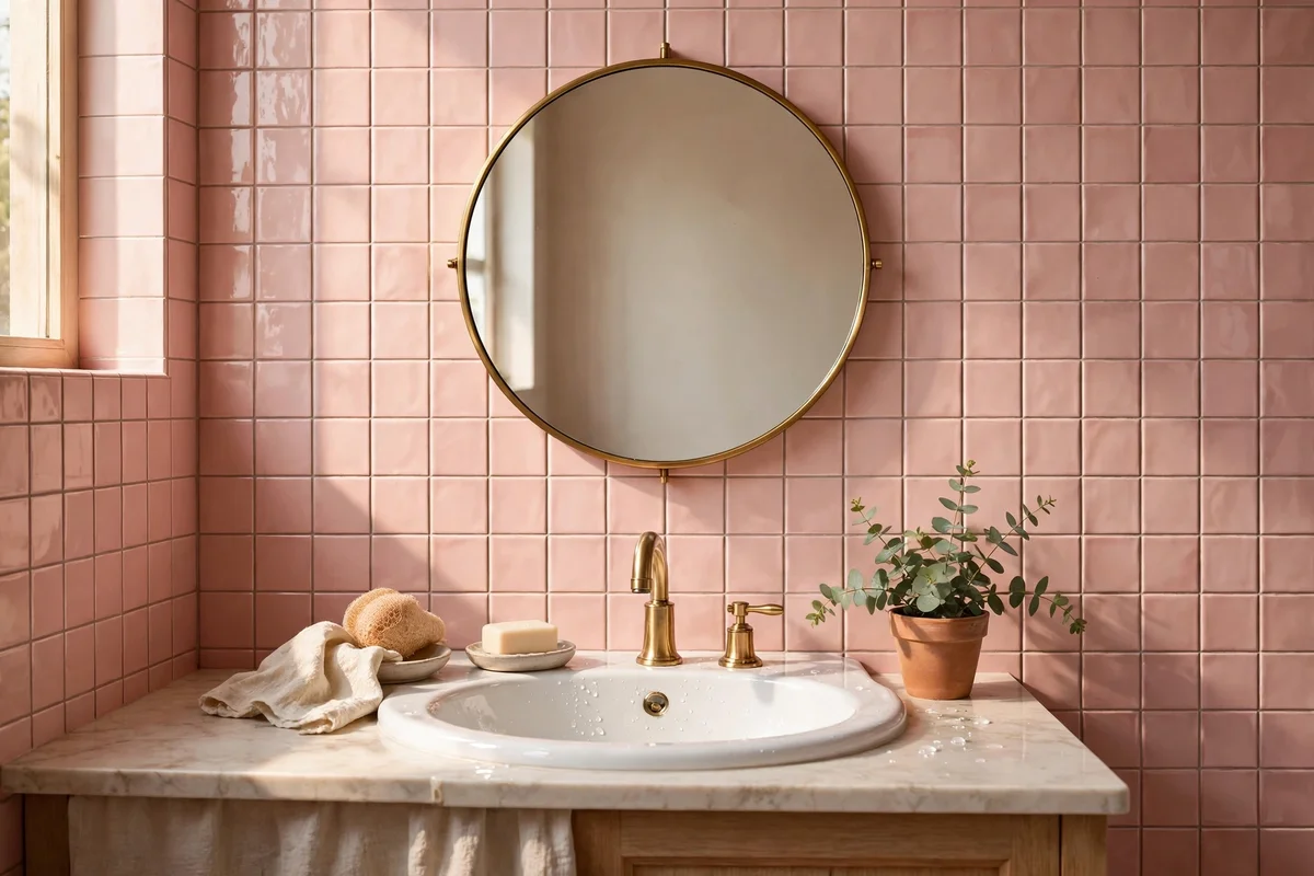 Round brass-framed mirror above a basin on a pink tiled wall