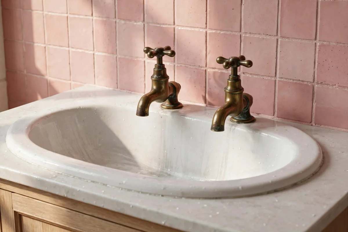 Unlacquered brass crosshead taps with patina in a pink bathroom