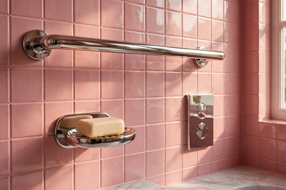 Polished chrome towel rail and fittings against pink tiles