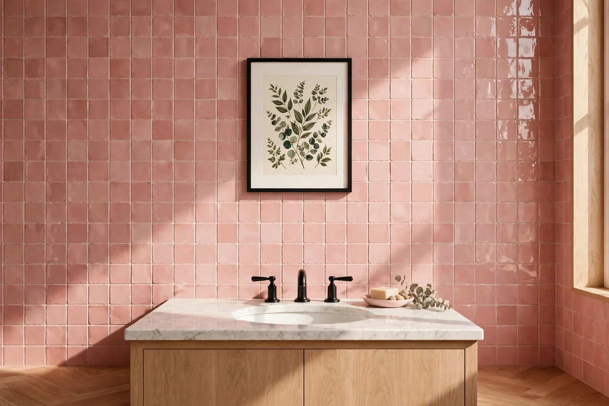 Pink bathroom with small black accents, a framed print and tap handles