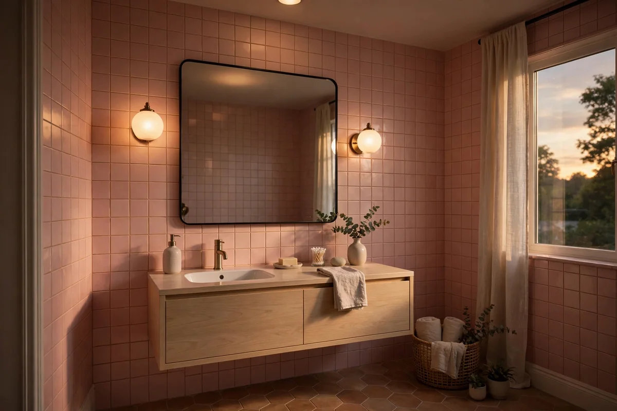 Pink bathroom glowing under warm 2700K mirror lights