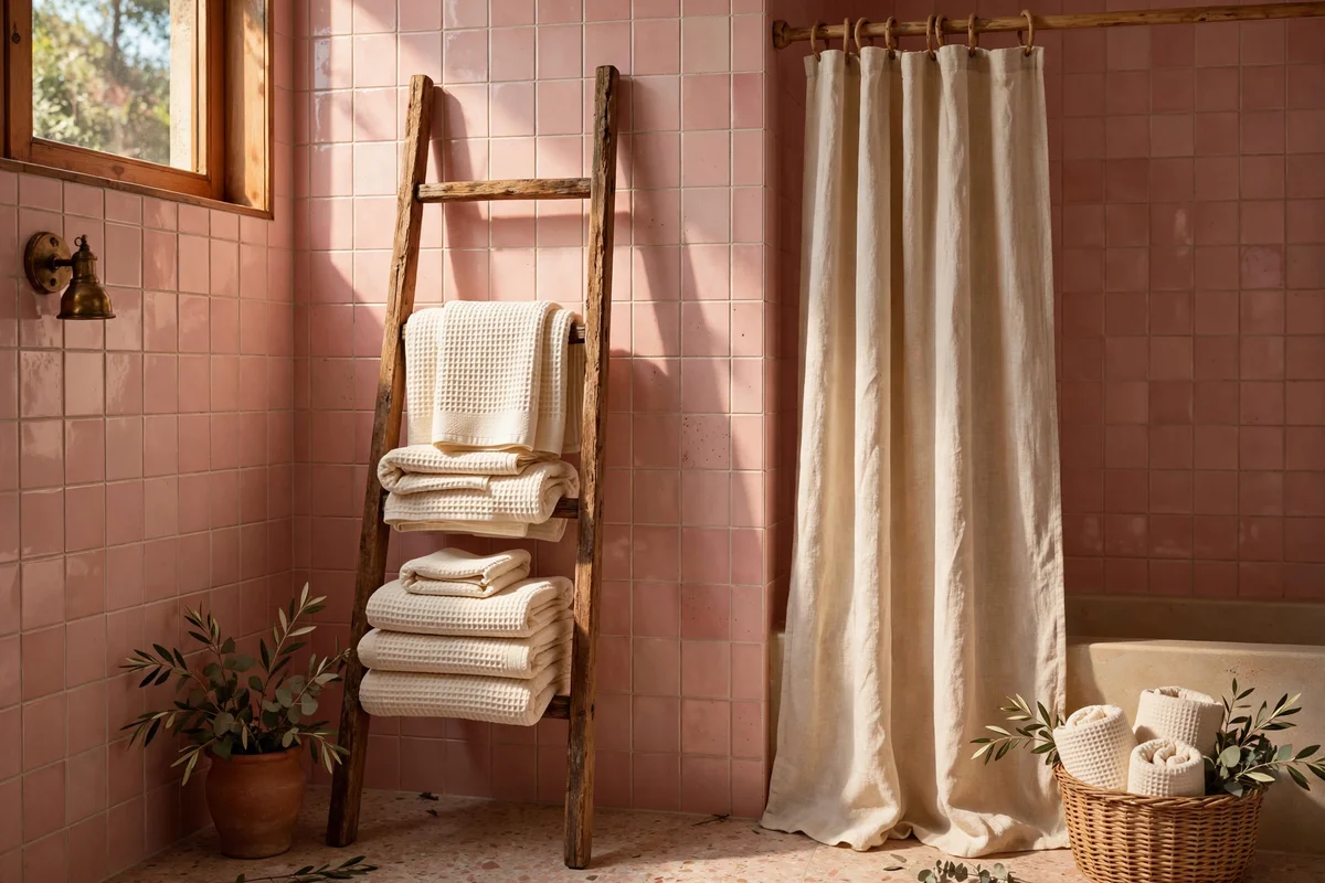 Cream waffle towels and a linen shower curtain in a pink bathroom