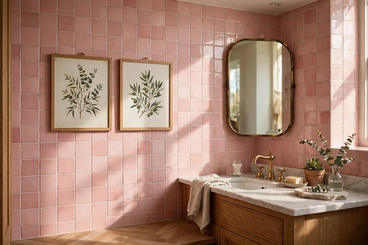 Two oak-framed botanical prints hung beside a bathroom mirror