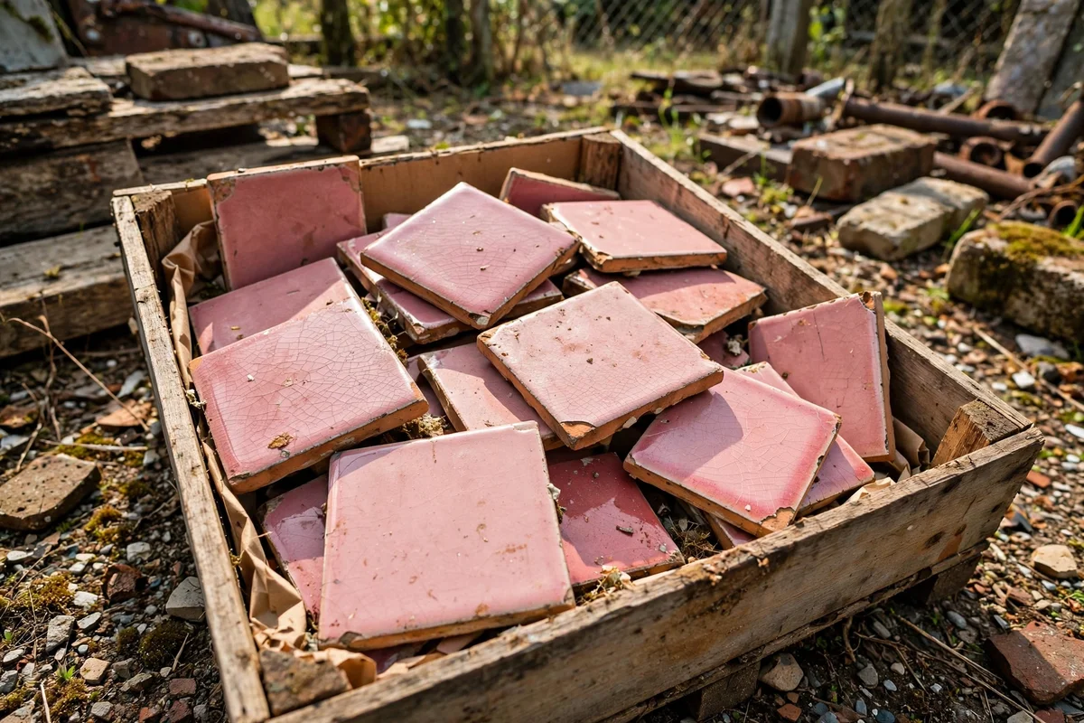 Box of salvaged vintage pink tiles at a reclamation yard
