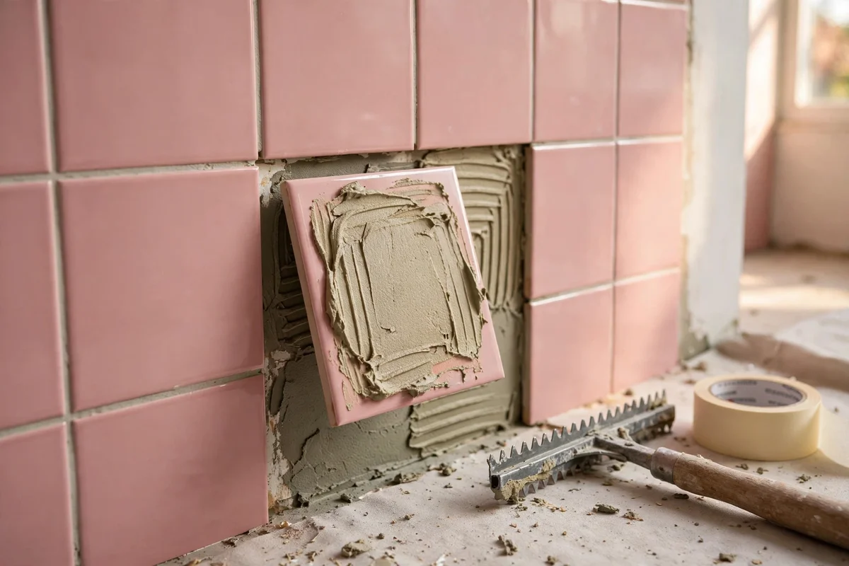 A replacement pink tile being set into a bathroom wall