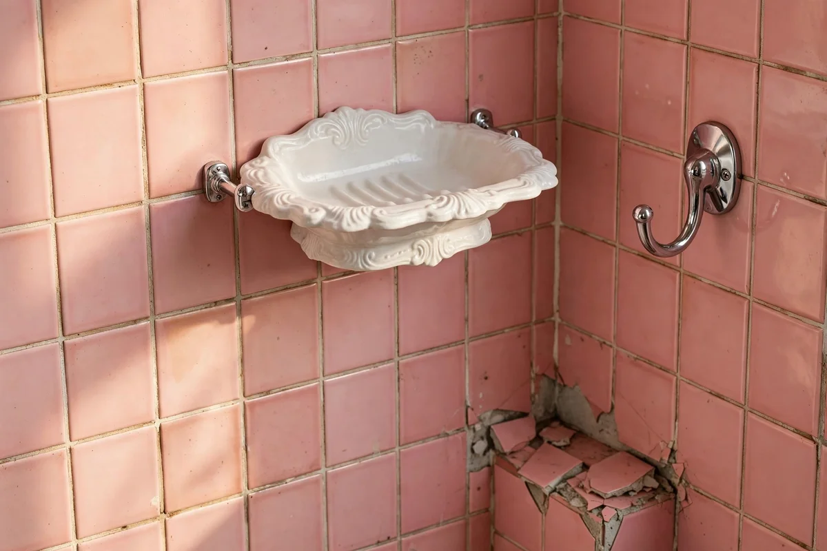 Period soap dish mounted on pink tiles covering a chipped corner