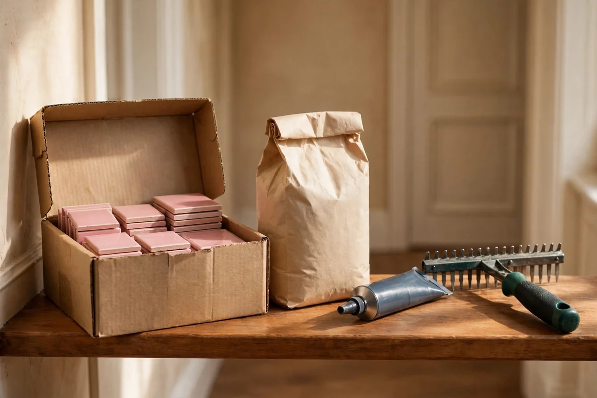 Spare pink tiles and repair supplies stored in a labelled box