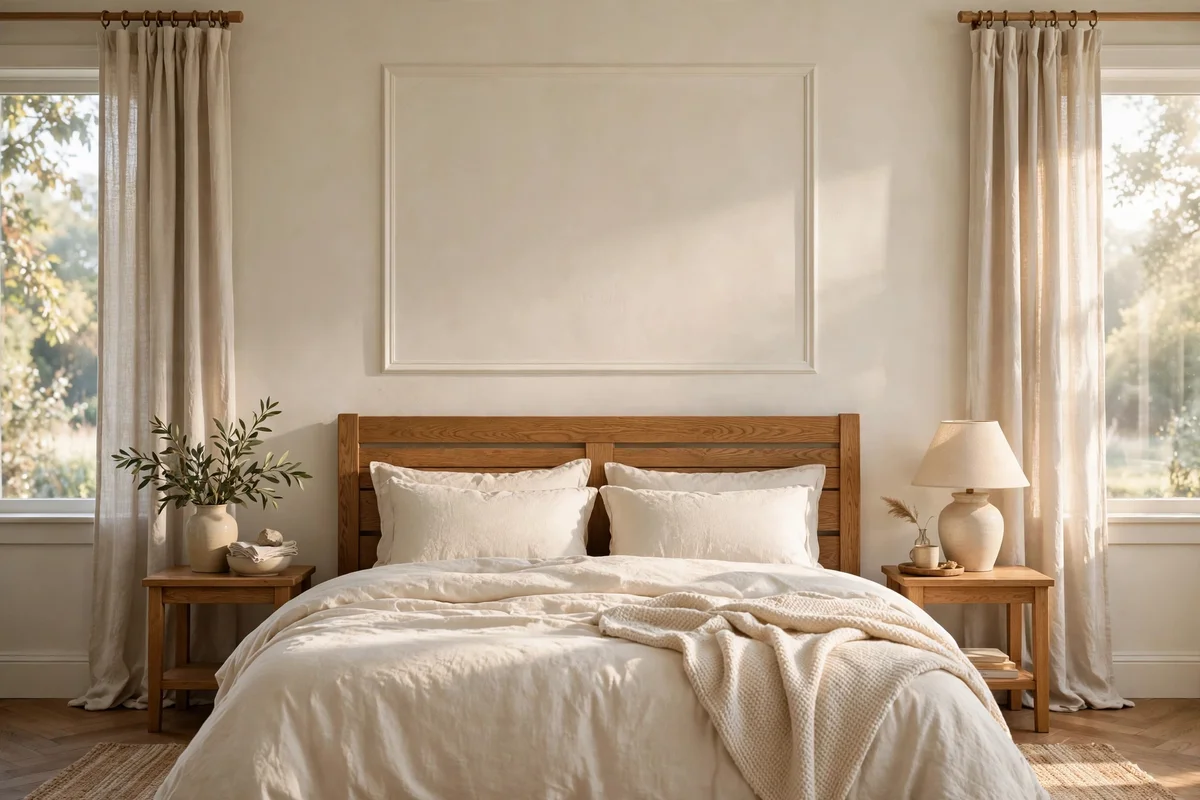 Single picture frame moulding panel centred above a bed headboard
