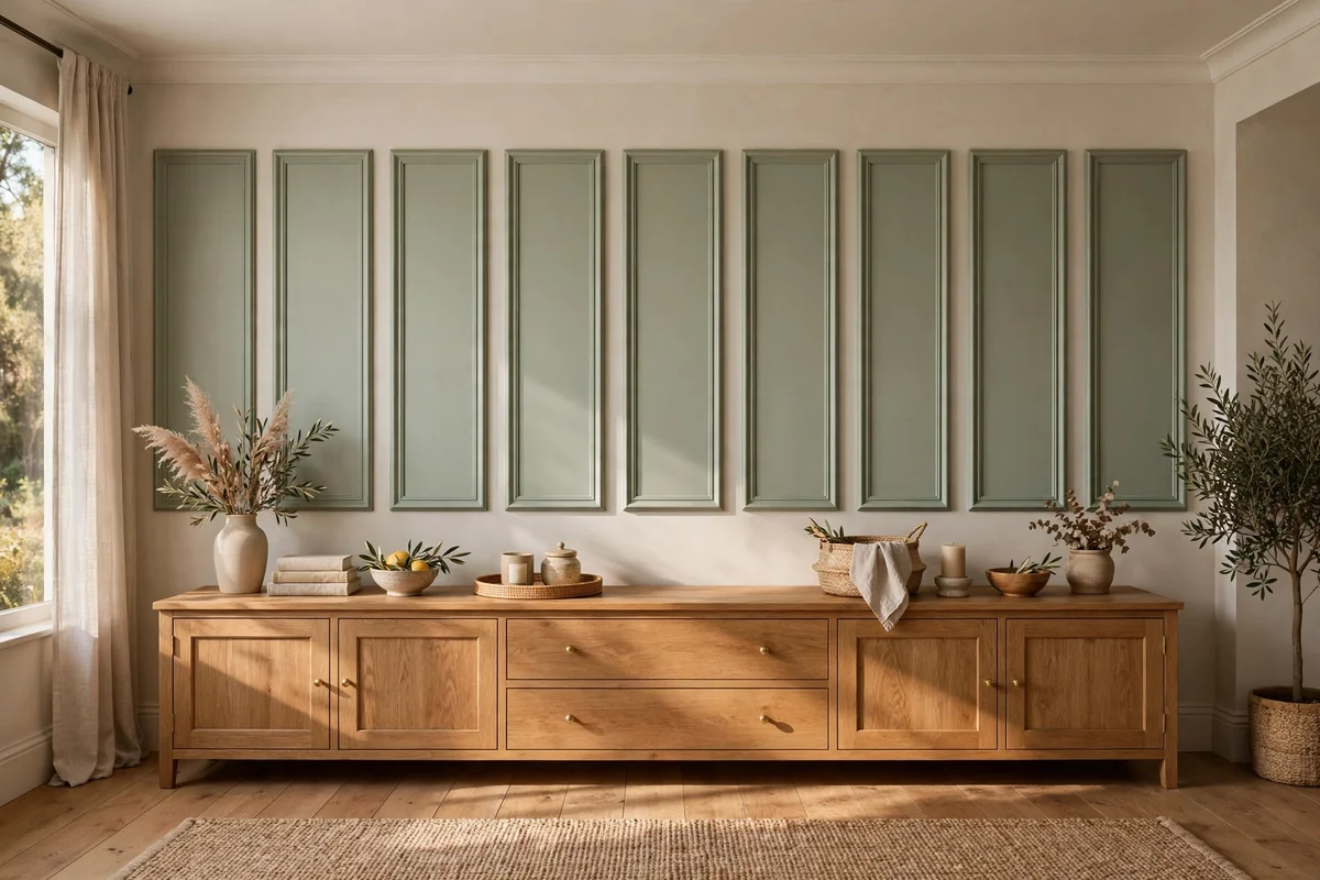 Living room wall with a row of matching picture frame moulding panels