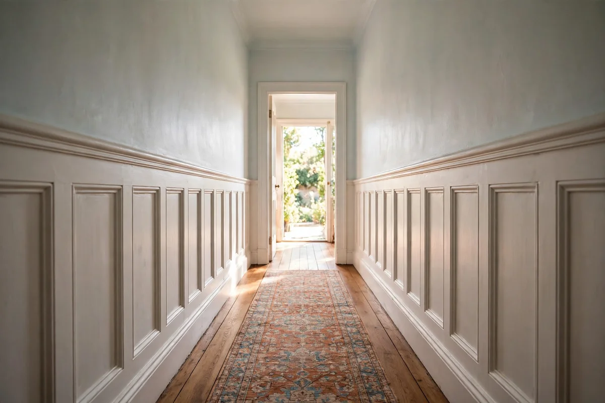 Narrow hallway with tall wainscoting capped by a chair rail