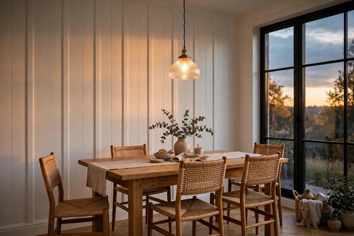 Dining room wall with vertical board and batten panelling
