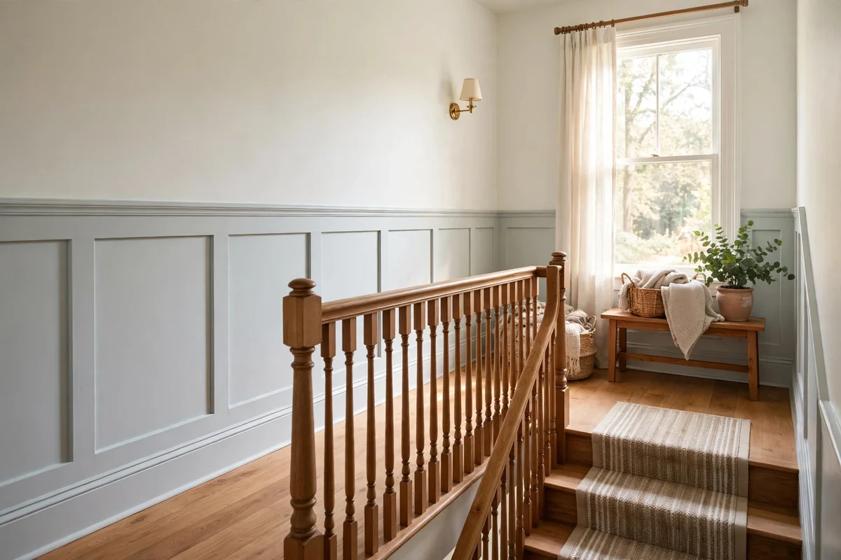 Family landing wall protected by a painted chair rail