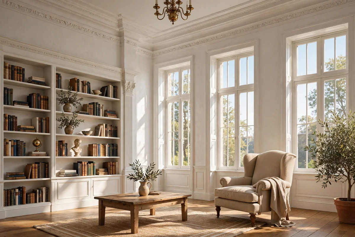 Wide layered crown moulding in a room with tall ceilings