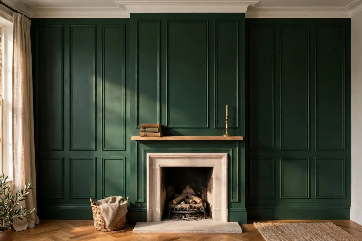 Fireplace wall framed with full height moulding panels