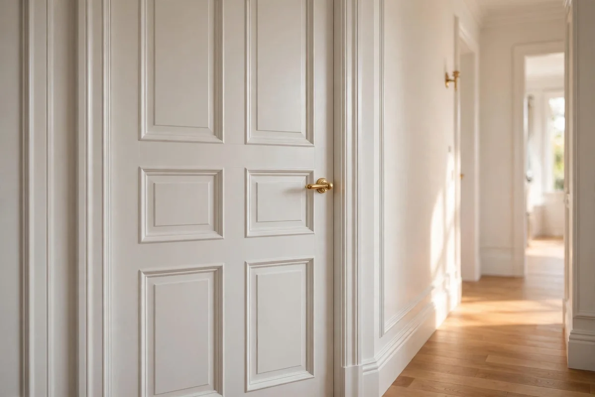 Plain interior door dressed with applied trim panels