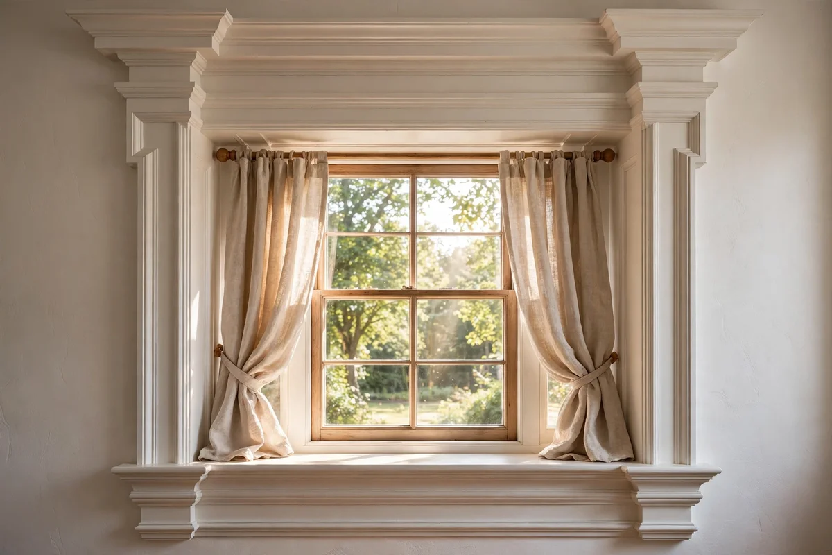 Window surround built up with layered casing trim