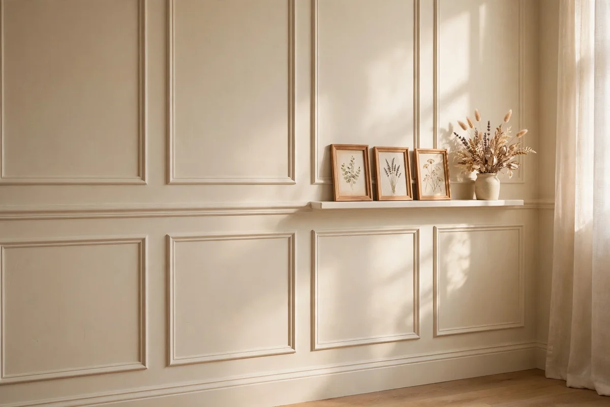 Picture ledge rail above a chair rail holding small frames