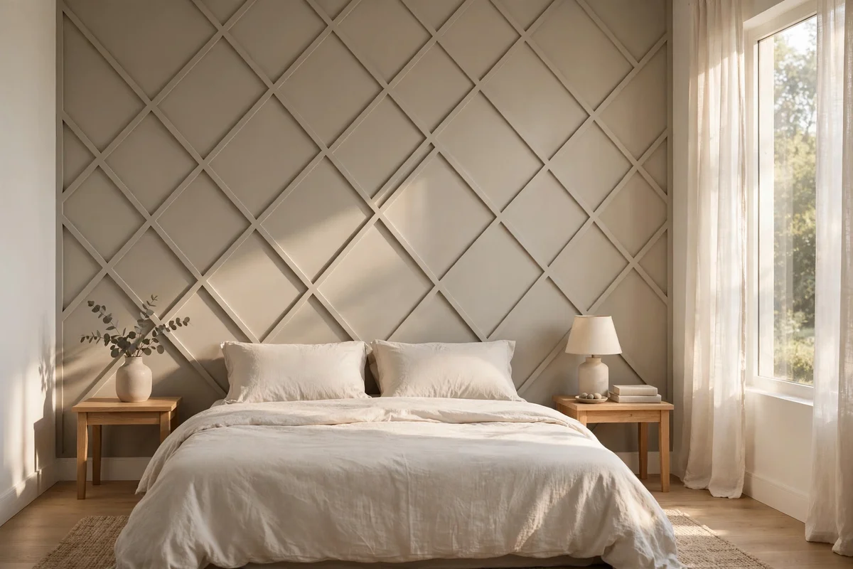 Accent wall with diagonal trim forming a geometric pattern