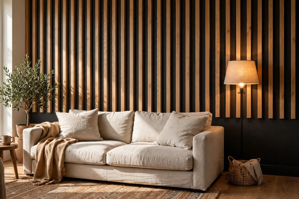 Vertical timber slats mounted behind a sofa