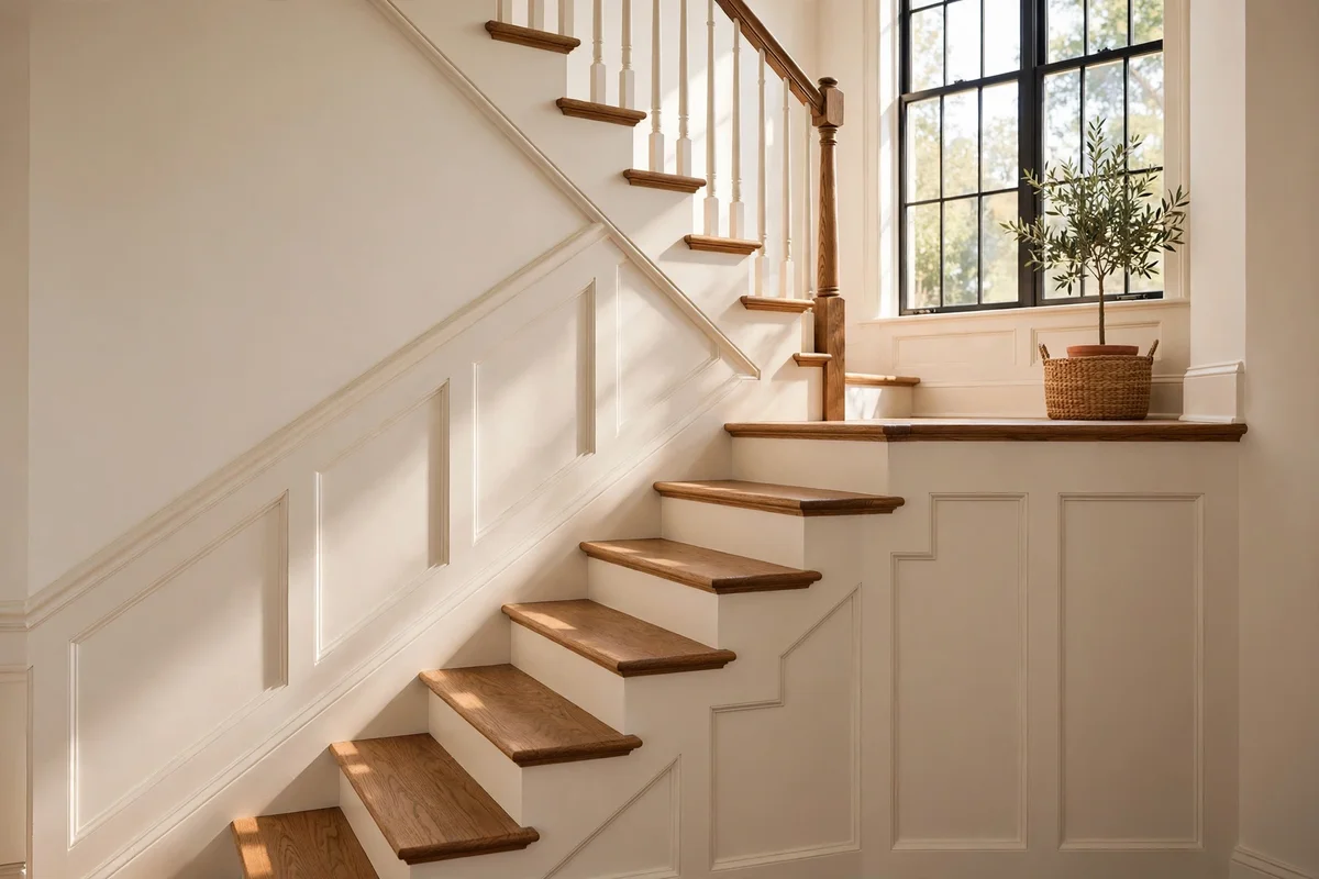 Staircase wall with panelling following the stair slope