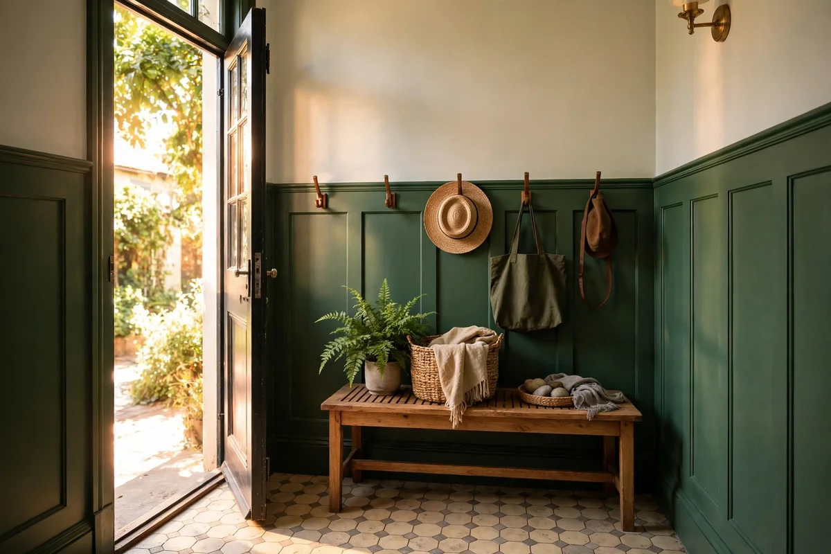 Small entryway with half height painted panelling