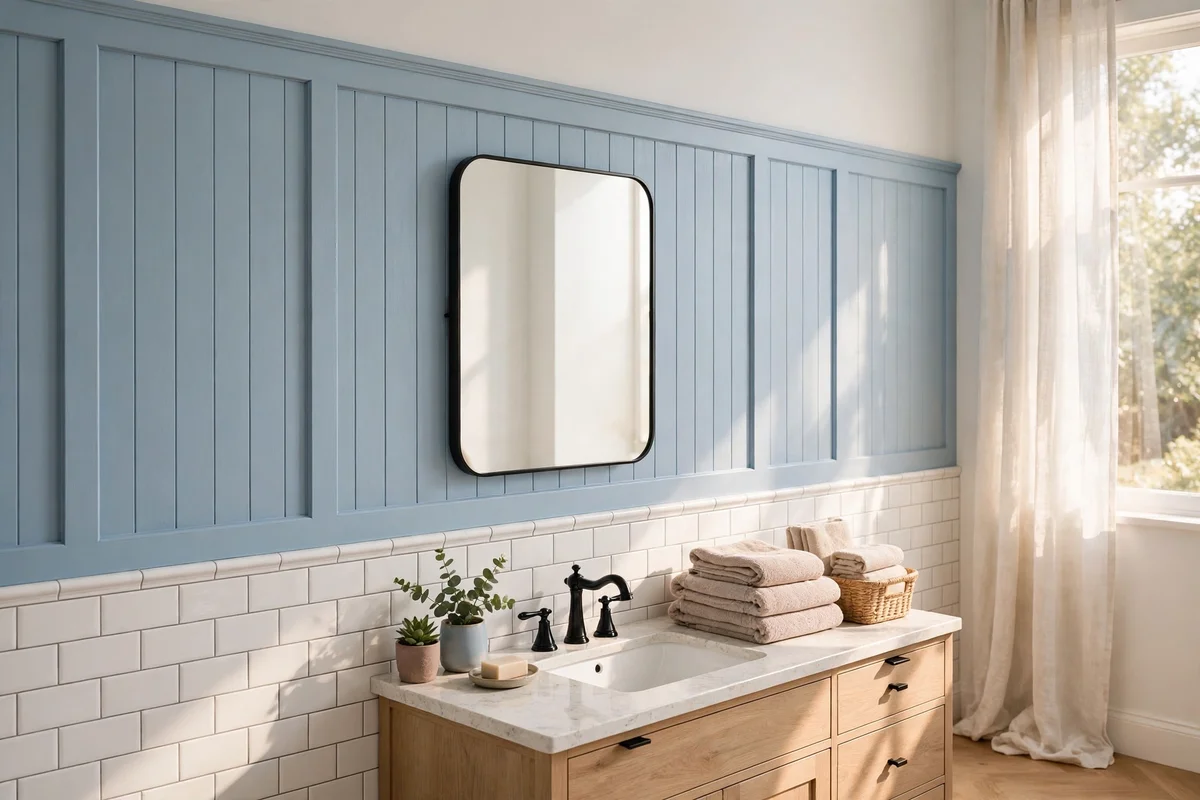 Bathroom wall with moisture proof trim panels