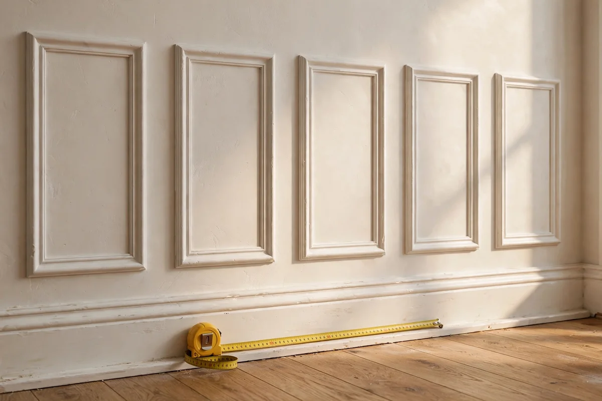 Wall with evenly spaced moulding panels showing balanced gaps