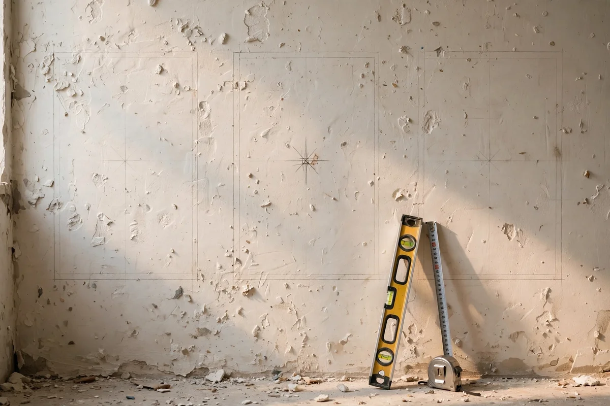 Measuring tape and pencil marks on a wall before panelling