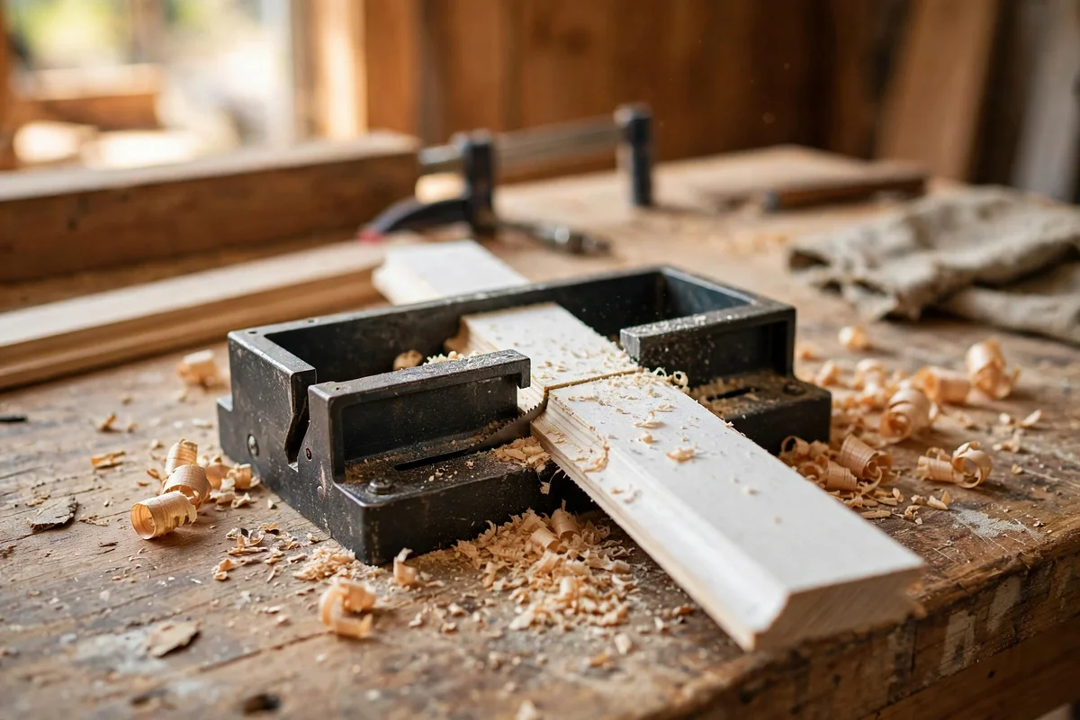 Mitre box and hand saw cutting trim at 45 degrees