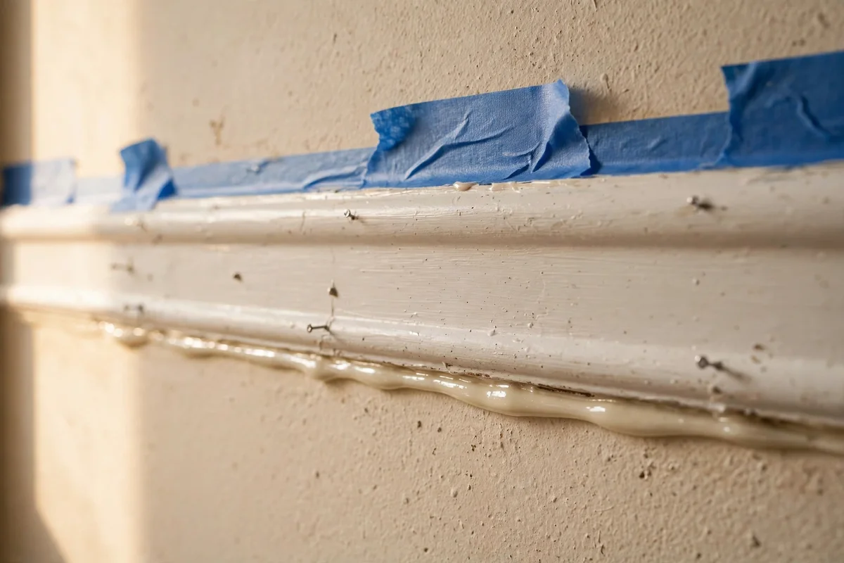 Trim strip fixed to a wall with adhesive and pins