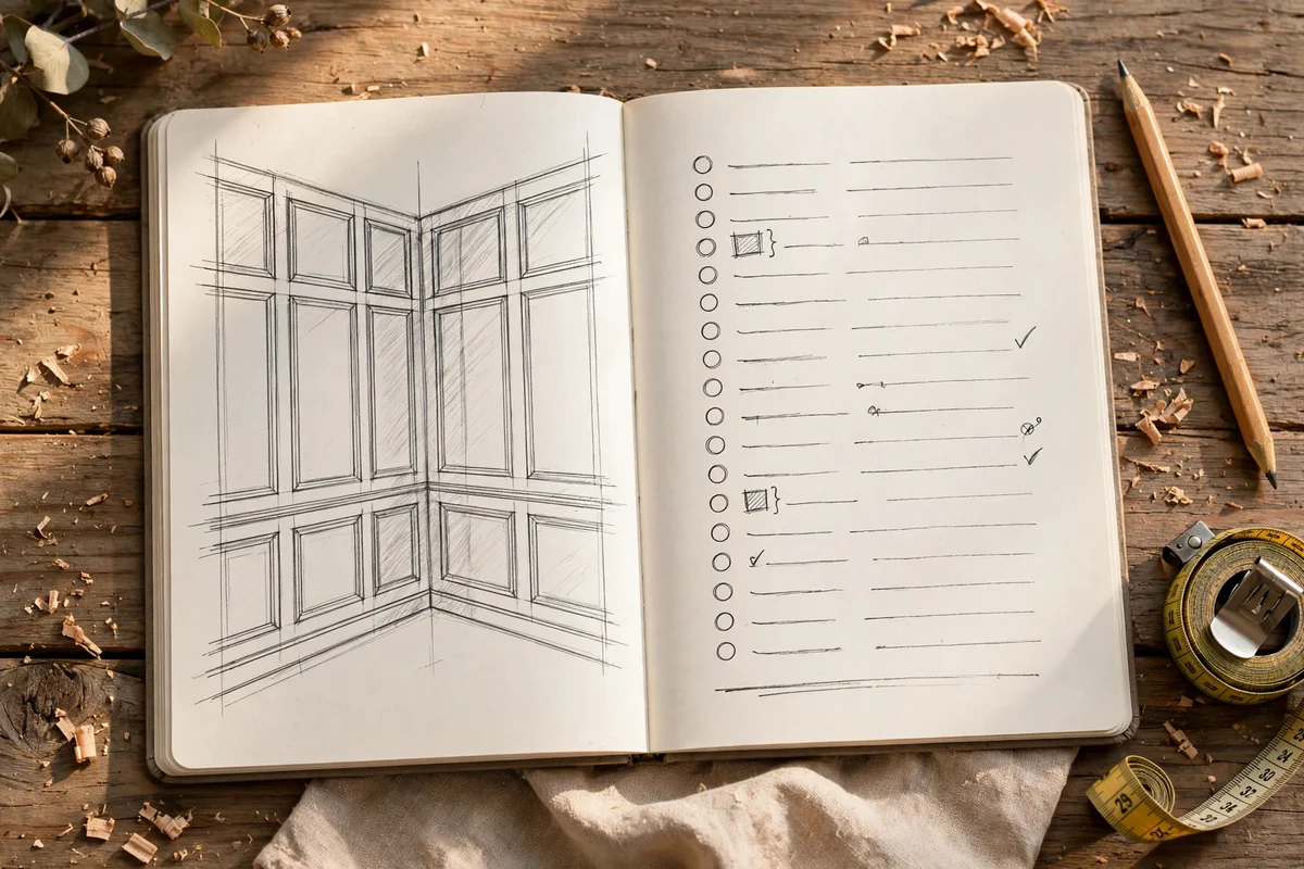 Notebook with a sketched wall and a costed materials list