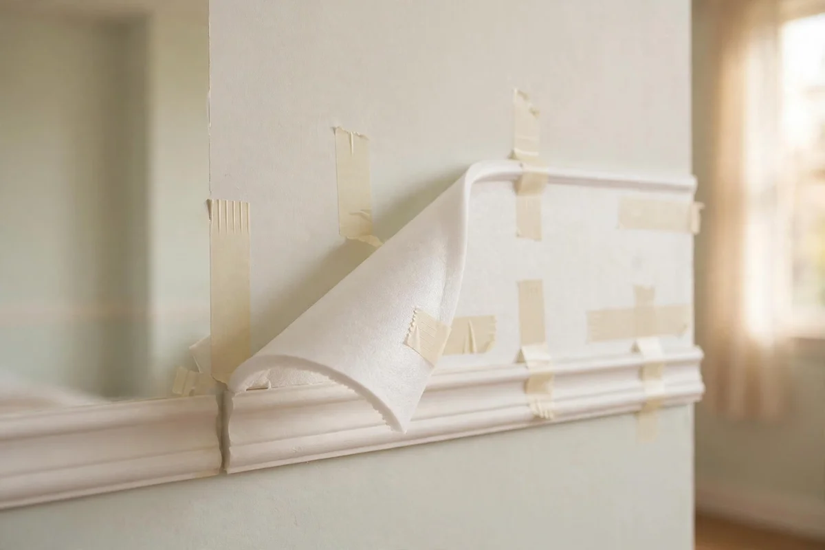 Removable foam trim panel being peeled cleanly from a wall