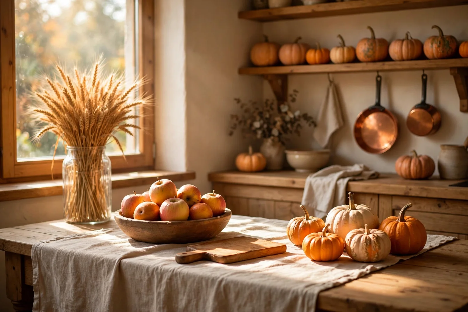 Warm harvest kitchen with wheat, apples, pumpkins, copper and linen in autumn light