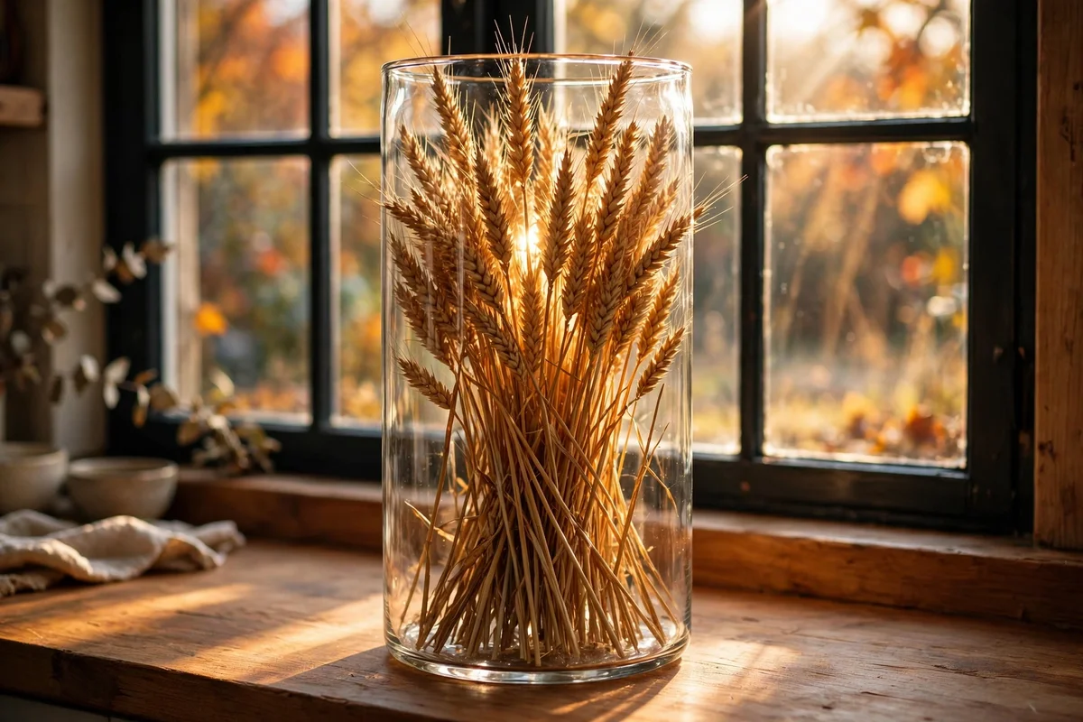 Dried wheat sheaves in a tall glass jar on a sunlit kitchen windowsill