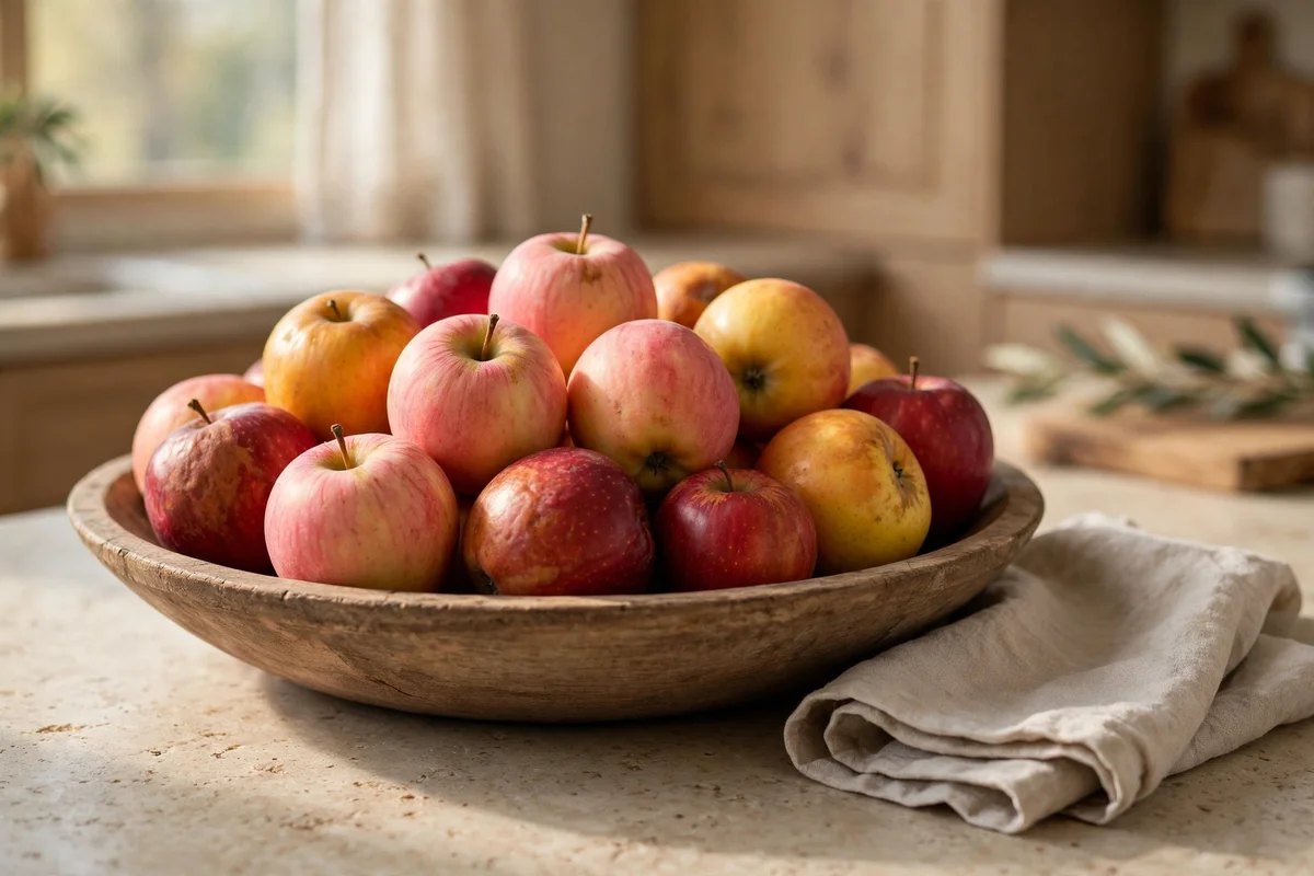 Wooden bowl of blush and amber apples on a warm kitchen counter