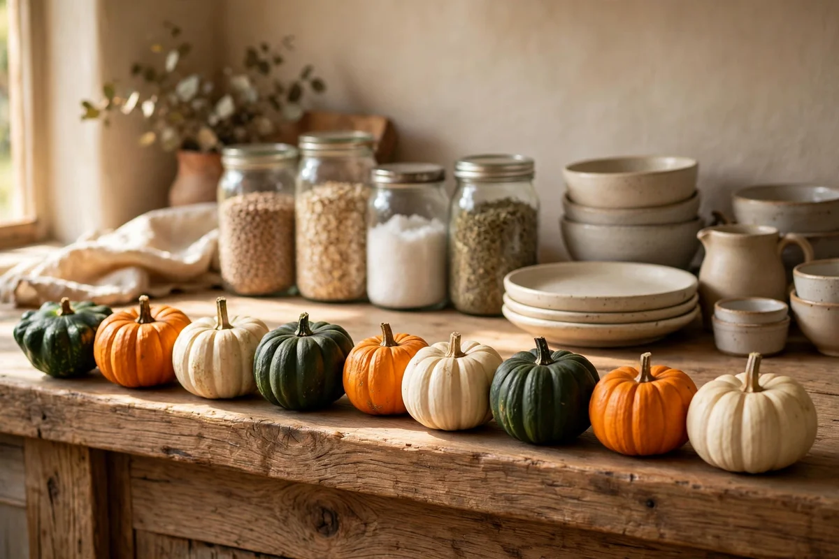 Mini pumpkins and squash lined along a wooden kitchen shelf edge
