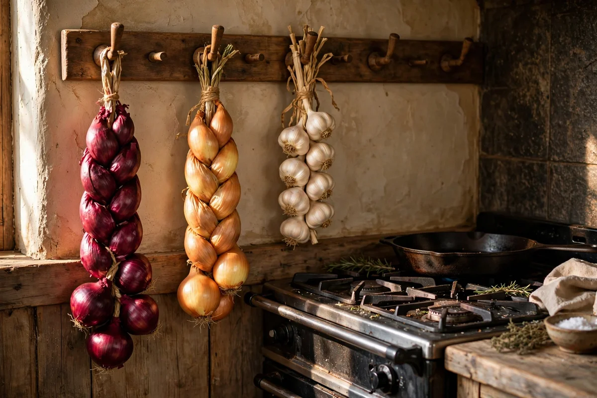 Braided onions and garlic hanging on a peg rail beside a kitchen stove
