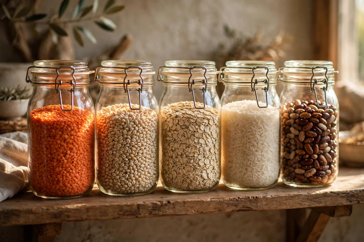 Glass preserving jars of lentils and grains lined on an open kitchen shelf