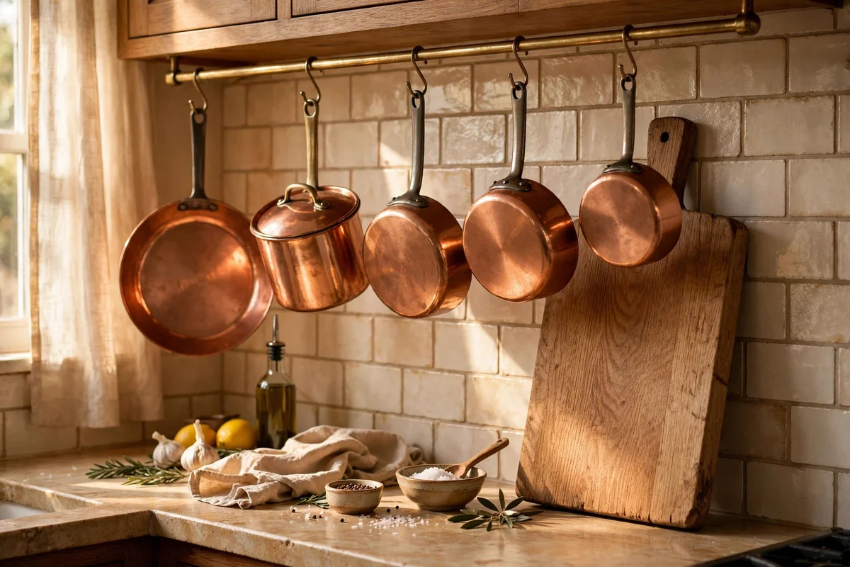 Copper pans on a rail with an oak chopping board in a warm kitchen