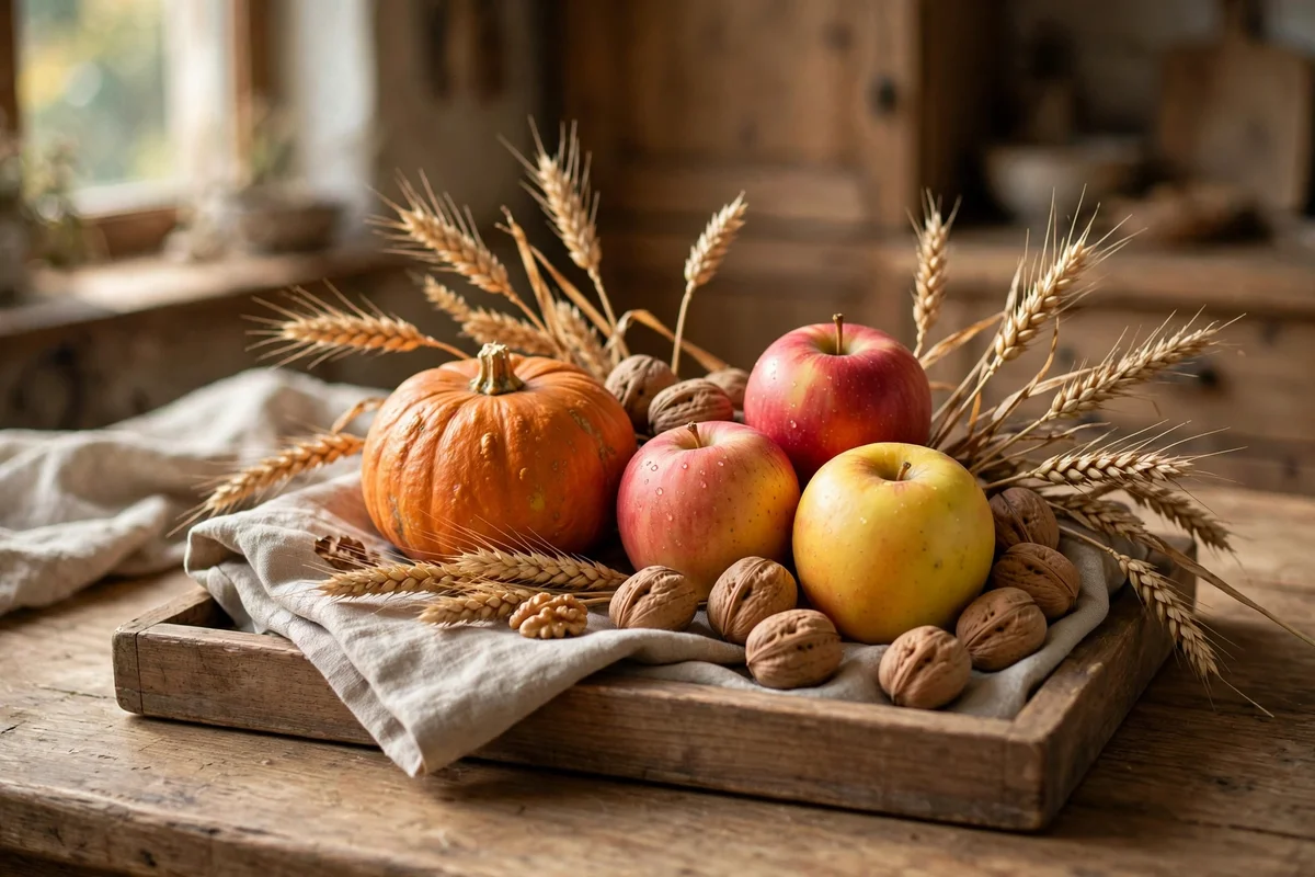 Low harvest centrepiece of pumpkin, apples and walnuts on a wooden tray