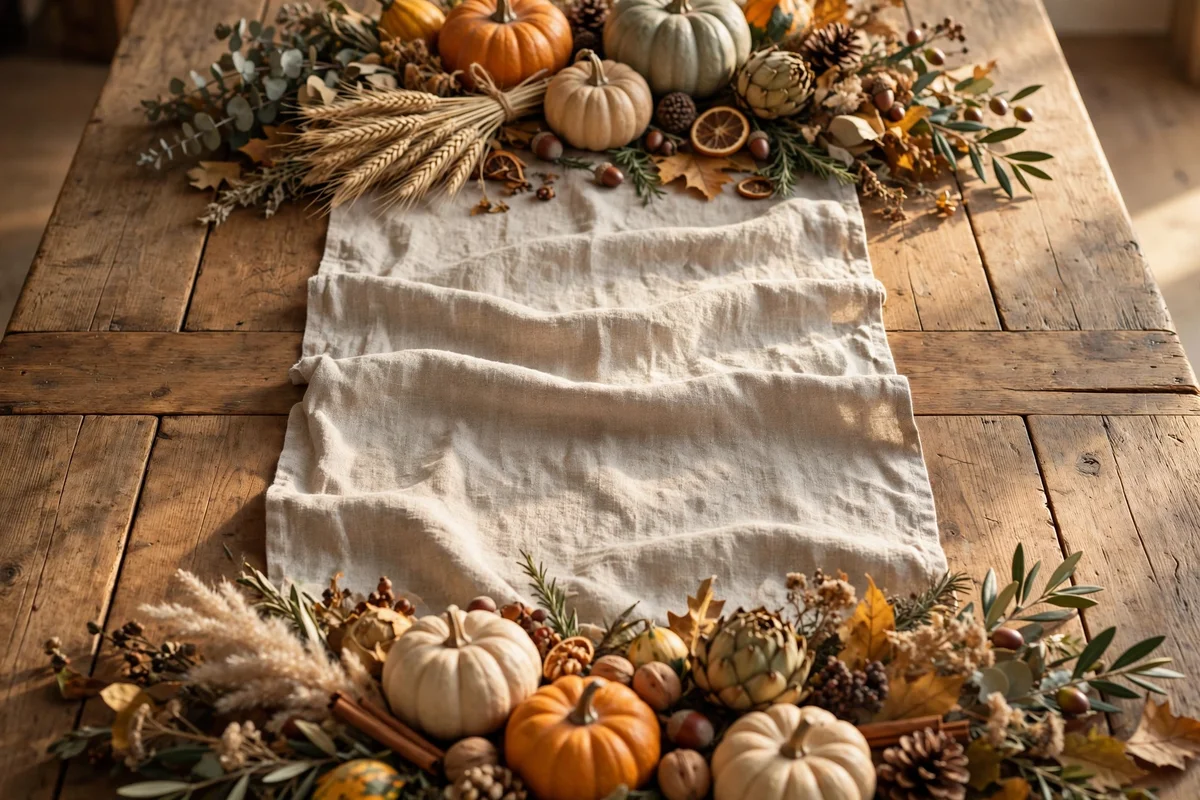 Natural linen runner on a wooden kitchen table with harvest styling