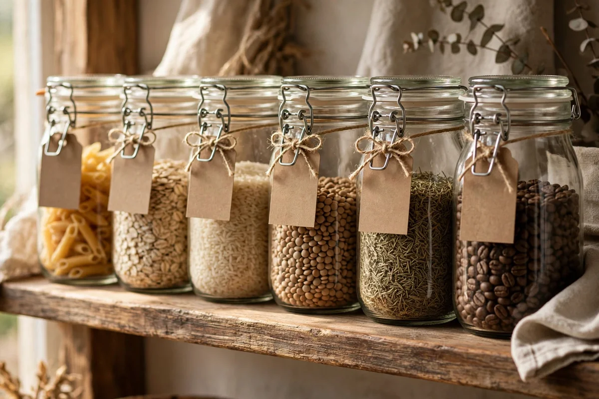 Pantry jars with kraft paper tags tied with twine on a wooden shelf