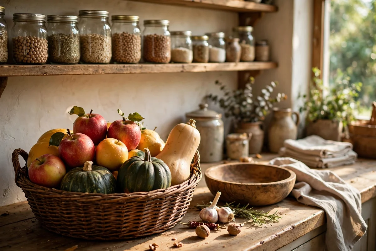 Basket of ripe apples and squash gathered for a weekly kitchen ritual