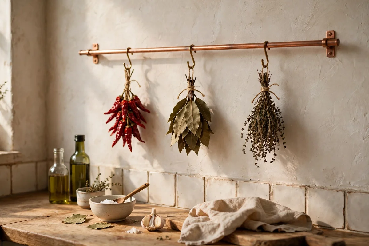 Copper rail hung with dried chillies and herbs above a kitchen counter