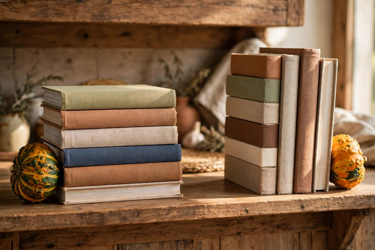 Small squash used as bookends between cookbooks on a kitchen shelf