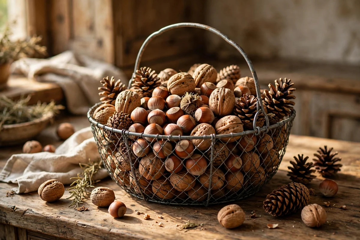 Wire basket of walnuts, hazelnuts and pine cones on a kitchen counter